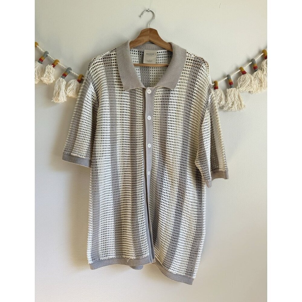Massive Luxury Crochet Knit Striped Button Up Short Sleeve Top Cotton Mens L
